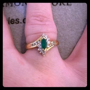 Yellow gold natural emerald and diamond ring